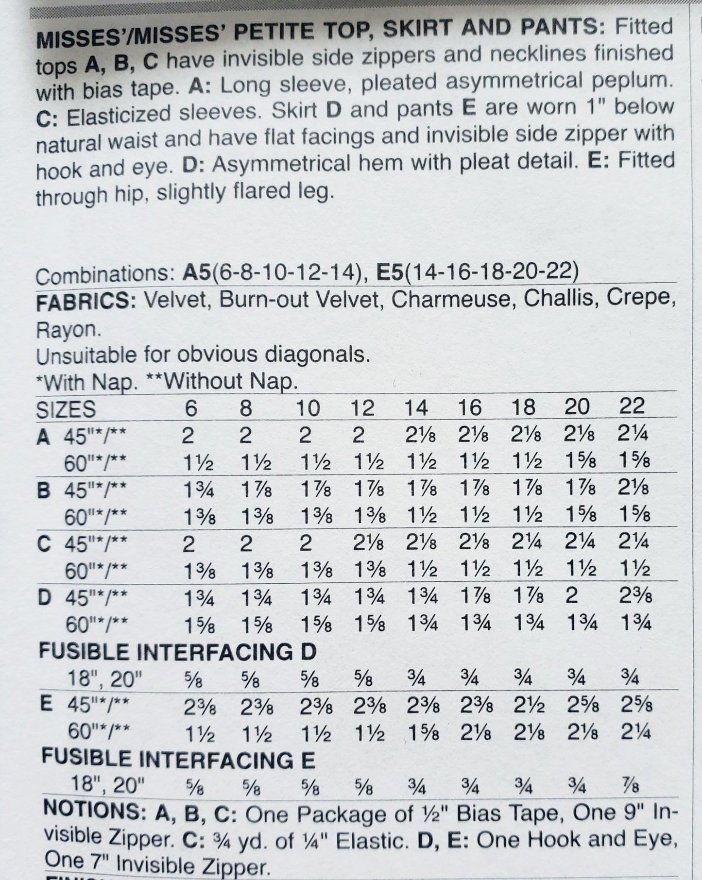 BUTTERICK Sewing Pattern B6637, Top, Skirt, Pants, Fitted, Asymmetrical, Peplum, Elasticized Sleeves, Size 6-14