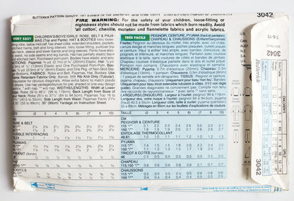 BUTTERICK Sewing Pattern 3042, Kids, Boys, Girls, Unisex, Robe, Pajamas, Hat, Boots, Size 7-10