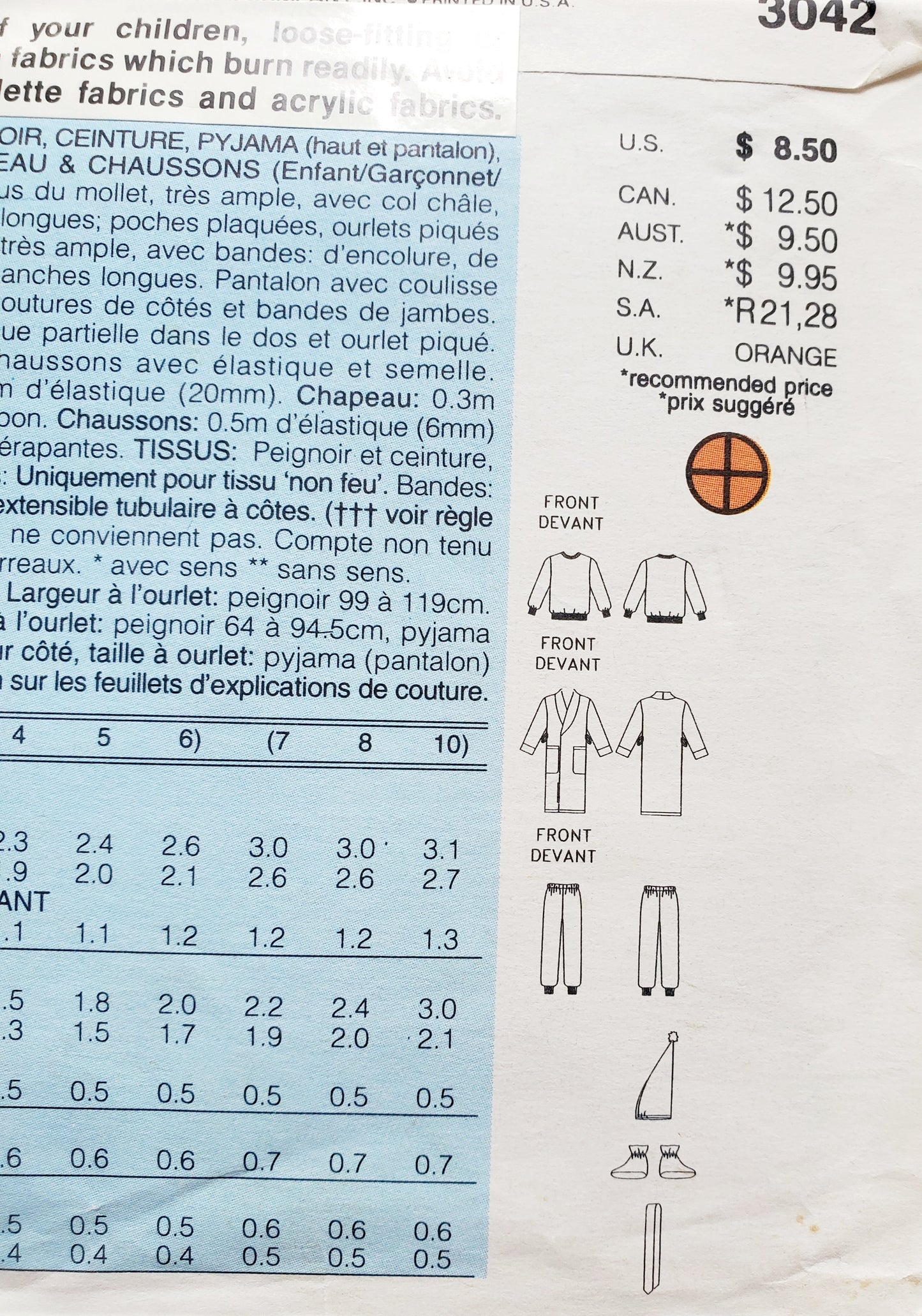 BUTTERICK Sewing Pattern 3042, Kids, Boys, Girls, Unisex, Robe, Pajamas, Hat, Boots, Size 7-10