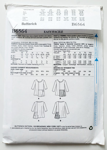 BUTTERICK Sewing Pattern B6564, Top, Fitted, Shaped Hemline, Pockets, Size 4-14