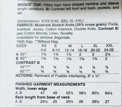 BUTTERICK Sewing Pattern B6564, Top, Fitted, Shaped Hemline, Pockets, Size 4-14