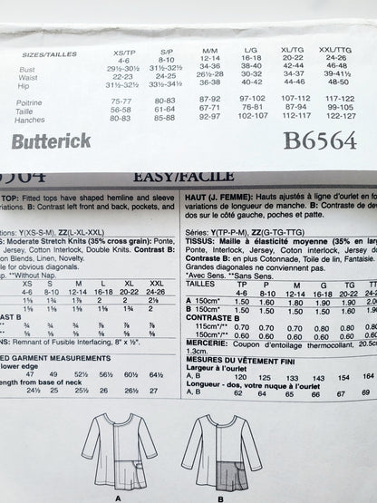 BUTTERICK Sewing Pattern B6564, Top, Fitted, Shaped Hemline, Pockets, Size 4-14