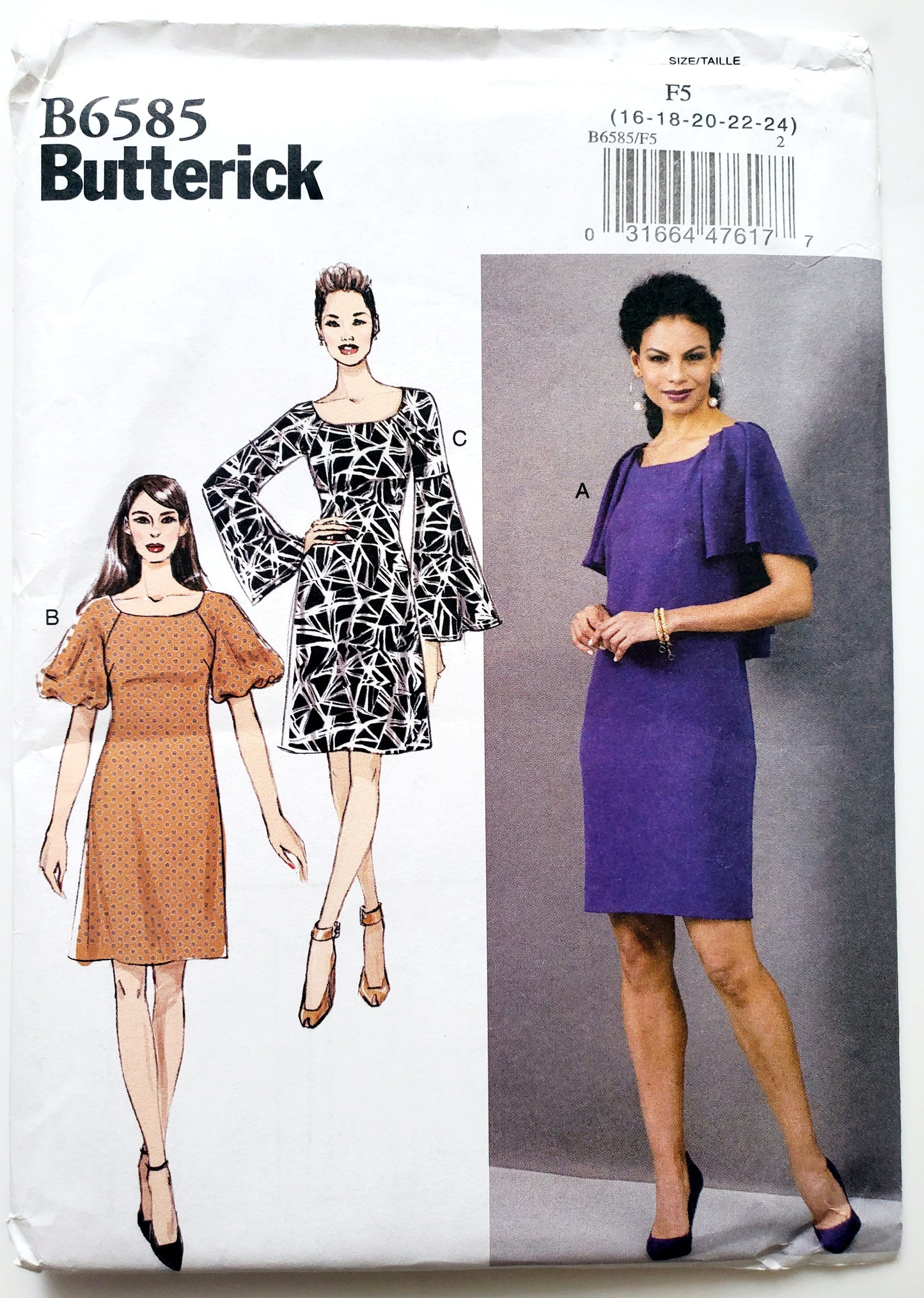 BUTTERICK Sewing Pattern B6585, Dress, Semi-Fitted, Side Pockets, Size 16-24