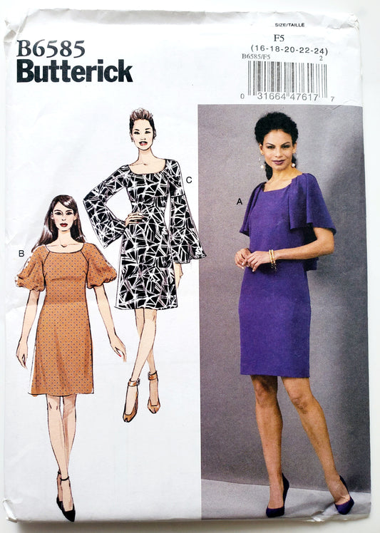 BUTTERICK Sewing Pattern B6585, Dress, Semi-Fitted, Side Pockets, Size 16-24