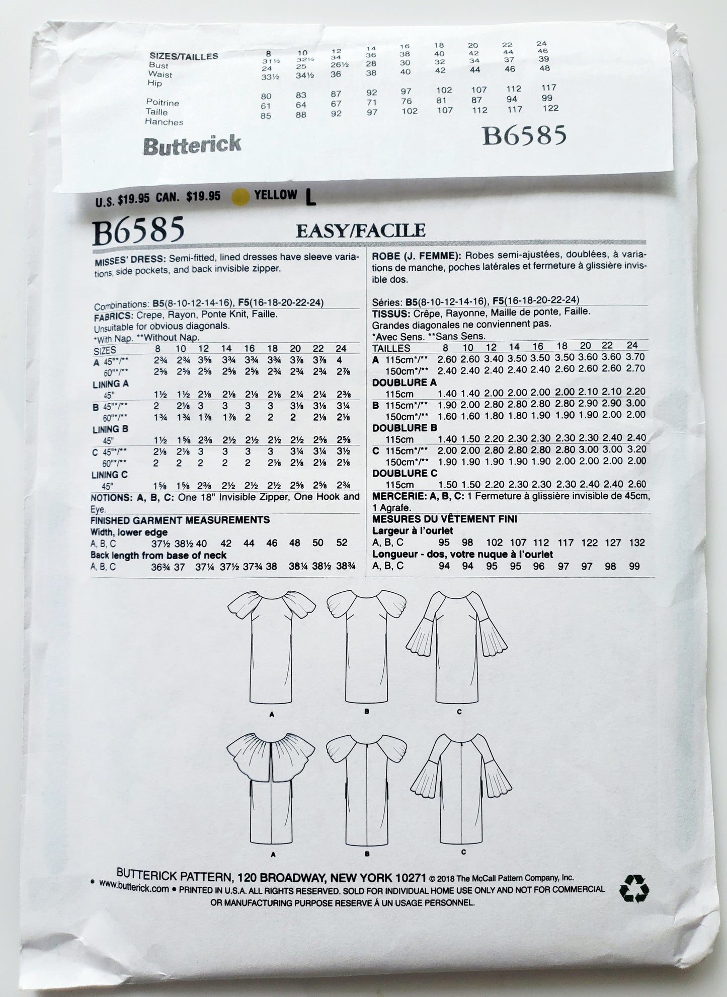 BUTTERICK Sewing Pattern B6585, Dress, Semi-Fitted, Side Pockets, Size 16-24