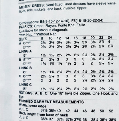 BUTTERICK Sewing Pattern B6585, Dress, Semi-Fitted, Side Pockets, Size 16-24