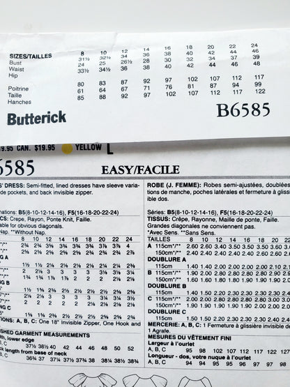 BUTTERICK Sewing Pattern B6585, Dress, Semi-Fitted, Side Pockets, Size 16-24