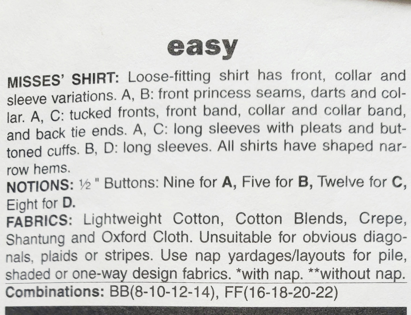 BUTTERICK Sewing Pattern B4345, Shirt, Loose-Fitting, Shaped Hemline, Size 16-22