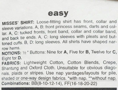 BUTTERICK Sewing Pattern B4345, Shirt, Loose-Fitting, Shaped Hemline, Size 16-22
