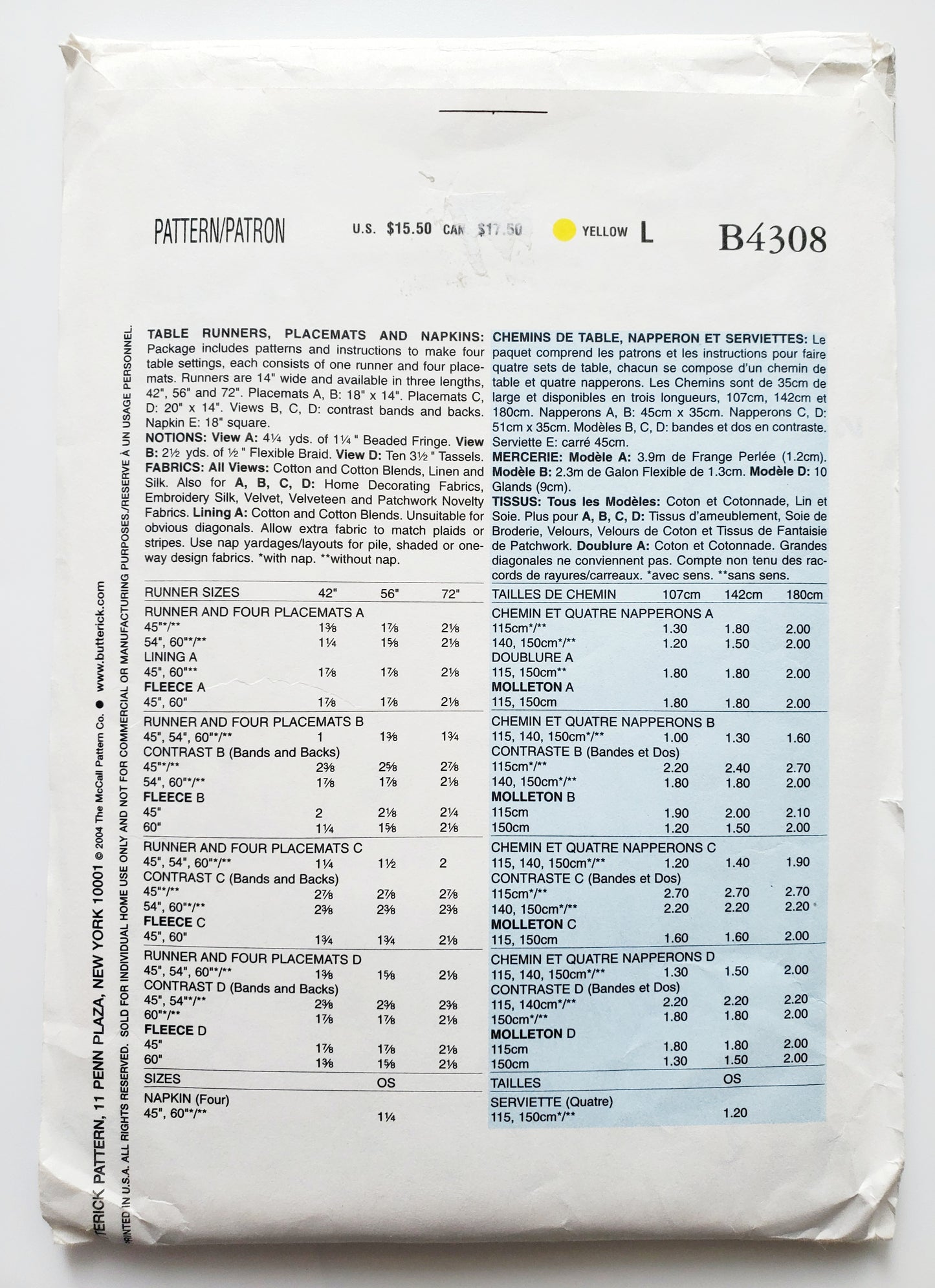 BUTTERICK Sewing Pattern B4308, Craft, Home, Table Runners, Placemats, Napkins