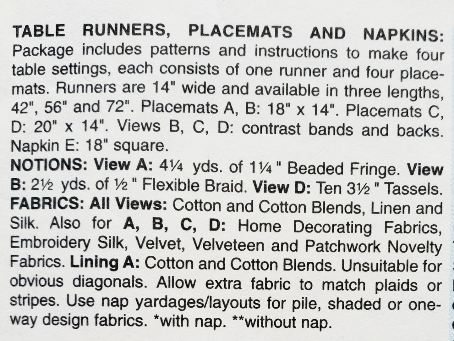 BUTTERICK Sewing Pattern B4308, Craft, Home, Table Runners, Placemats, Napkins