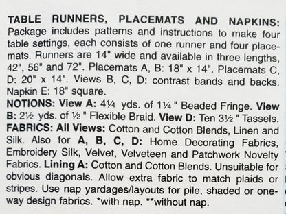 BUTTERICK Sewing Pattern B4308, Craft, Home, Table Runners, Placemats, Napkins