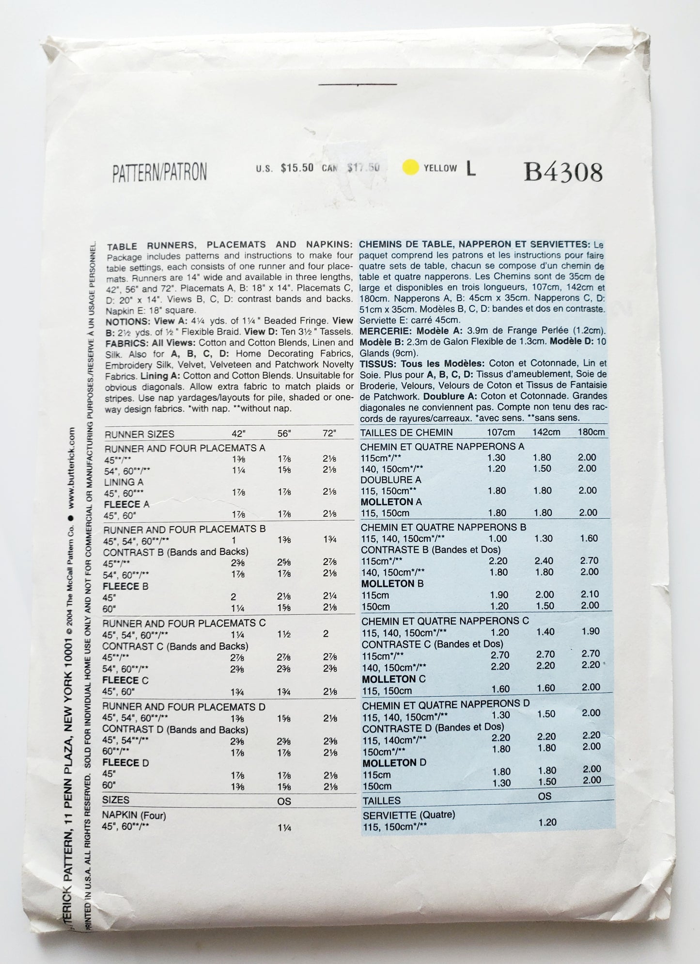 BUTTERICK Sewing Pattern B4308, Craft, Home, Table Runners, Placemats, Napkins