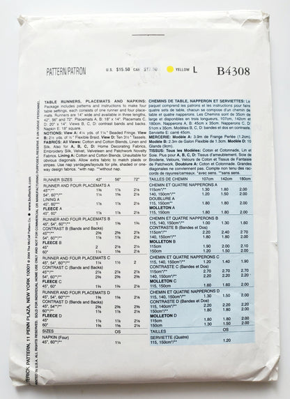 BUTTERICK Sewing Pattern B4308, Craft, Home, Table Runners, Placemats, Napkins