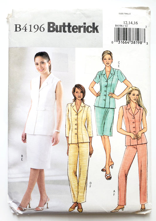 BUTTERICK Sewing Pattern B4196, Jacket, Belt, Skirt, Pants, Notch Collar, Size 12-16