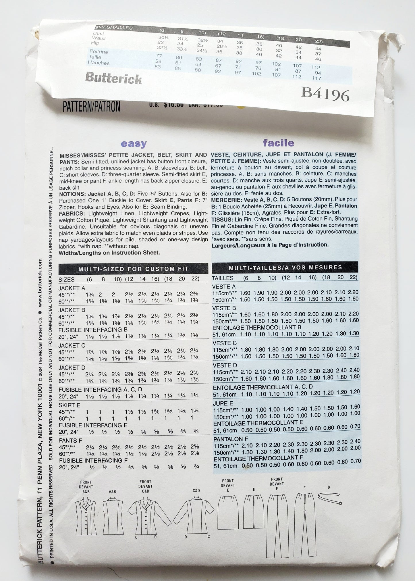 BUTTERICK Sewing Pattern B4196, Jacket, Belt, Skirt, Pants, Notch Collar, Size 12-16