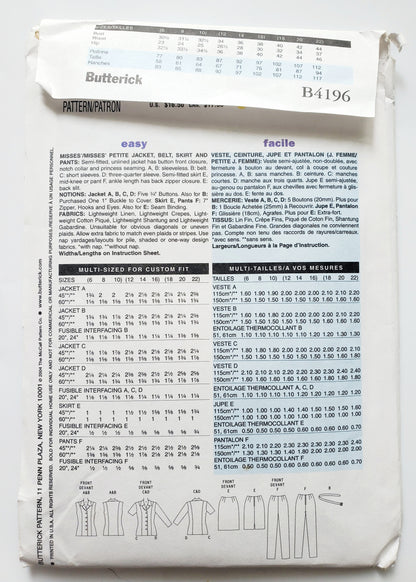 BUTTERICK Sewing Pattern B4196, Jacket, Belt, Skirt, Pants, Notch Collar, Size 12-16