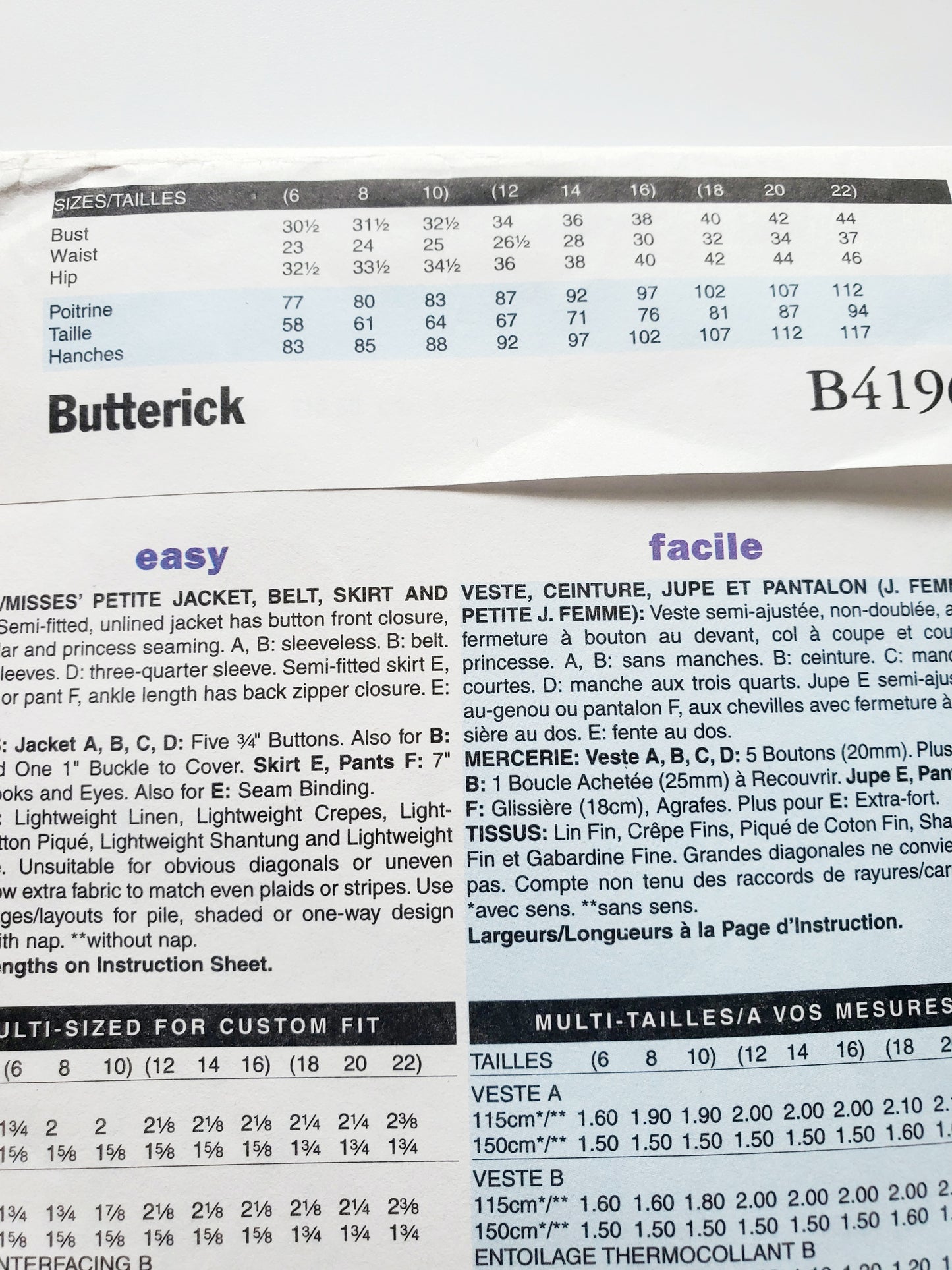 BUTTERICK Sewing Pattern B4196, Jacket, Belt, Skirt, Pants, Notch Collar, Size 12-16