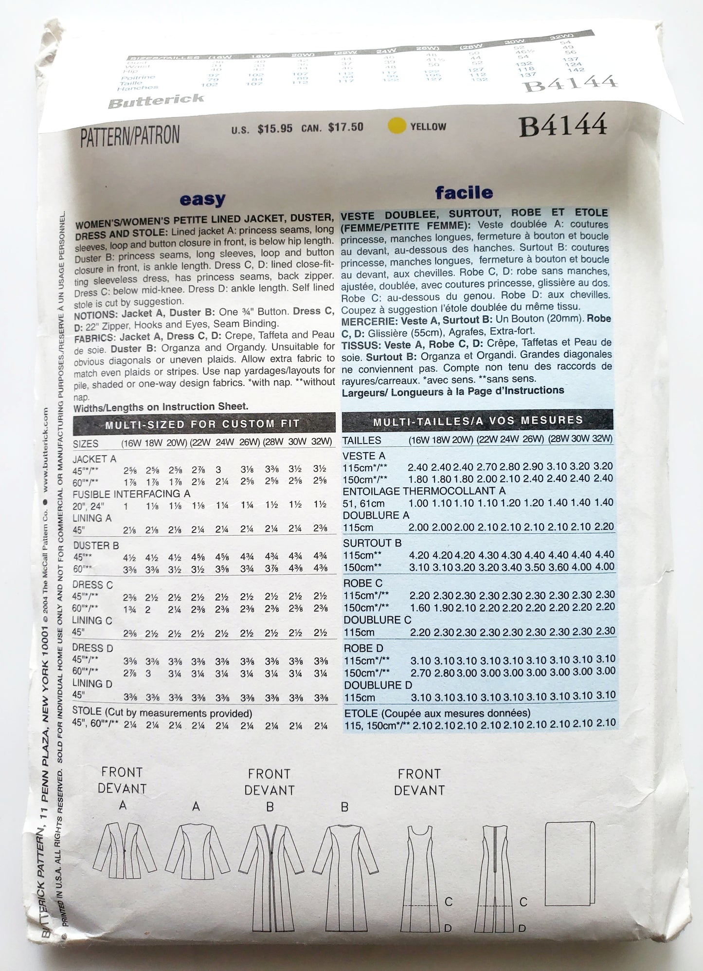 BUTTERICK Sewing Pattern B4144, Jacket, Duster, Dress, Stole, Size 22-26