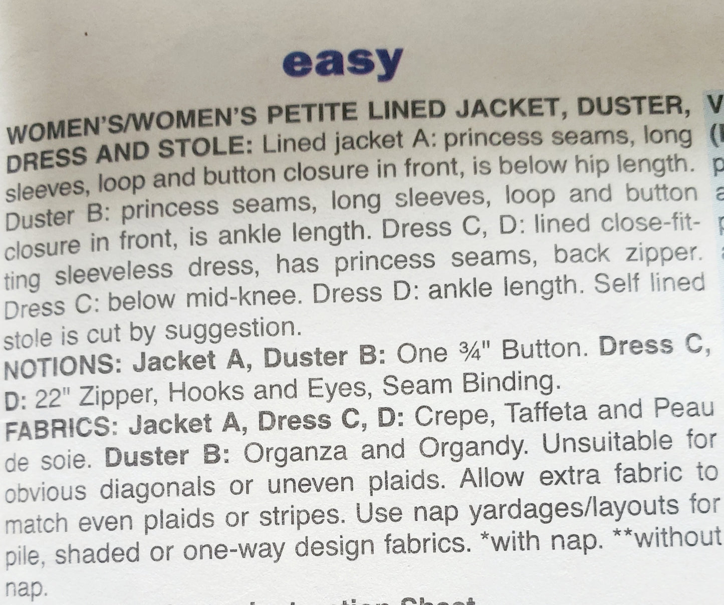 BUTTERICK Sewing Pattern B4144, Jacket, Duster, Dress, Stole, Size 22-26
