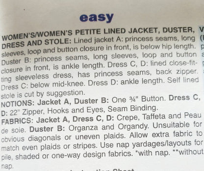 BUTTERICK Sewing Pattern B4144, Jacket, Duster, Dress, Stole, Size 22-26