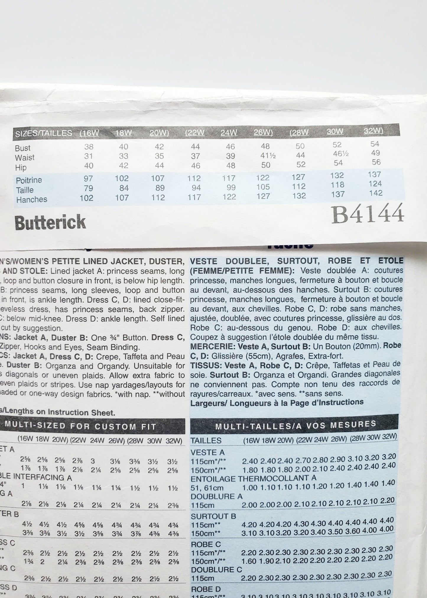 BUTTERICK Sewing Pattern B4144, Jacket, Duster, Dress, Stole, Size 22-26