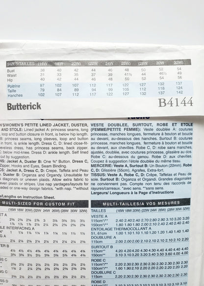 BUTTERICK Sewing Pattern B4144, Jacket, Duster, Dress, Stole, Size 22-26