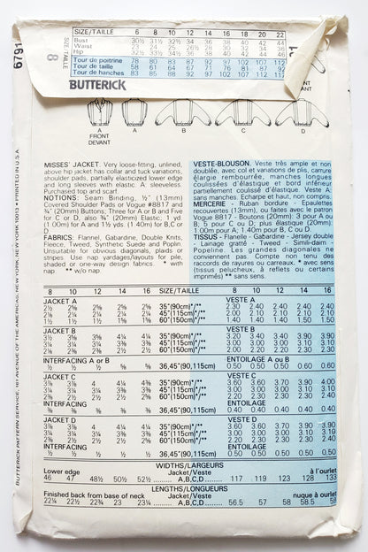 BUTTERICK Sewing Pattern 6791, Vintage, Jacket, Size 8