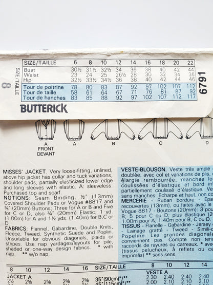 BUTTERICK Sewing Pattern 6791, Vintage, Jacket, Size 8