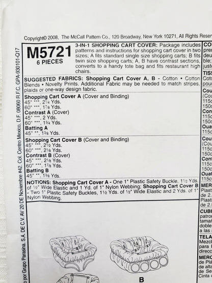 MCCALLS Sewing Pattern M5721, McCalls Craft, Shopping Cart Cover, Trolley Cover, Baby, Toddler