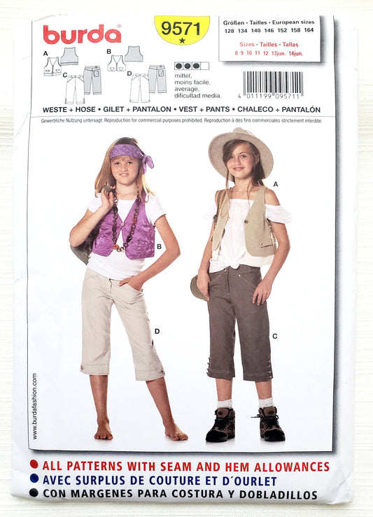 BURDA Sewing Pattern 9571, Kids, Girls, Vest, Pants, Size 8-14
