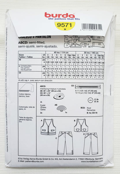 BURDA Sewing Pattern 9571, Kids, Girls, Vest, Pants, Size 8-14
