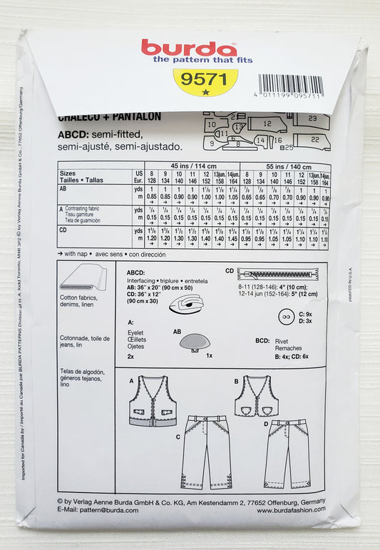 BURDA Sewing Pattern 9571, Kids, Girls, Vest, Pants, Size 8-14