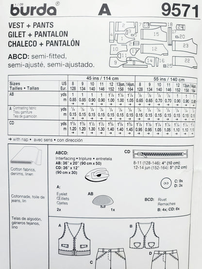 BURDA Sewing Pattern 9571, Kids, Girls, Vest, Pants, Size 8-14