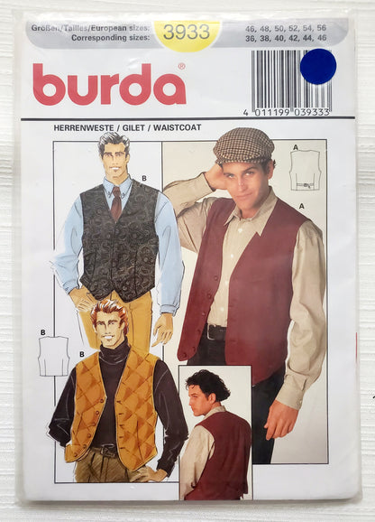 BURDA Sewing Pattern 3933, Vest, Waistcoat, Men's Waistcoat, Men's Vest, Size 36-46