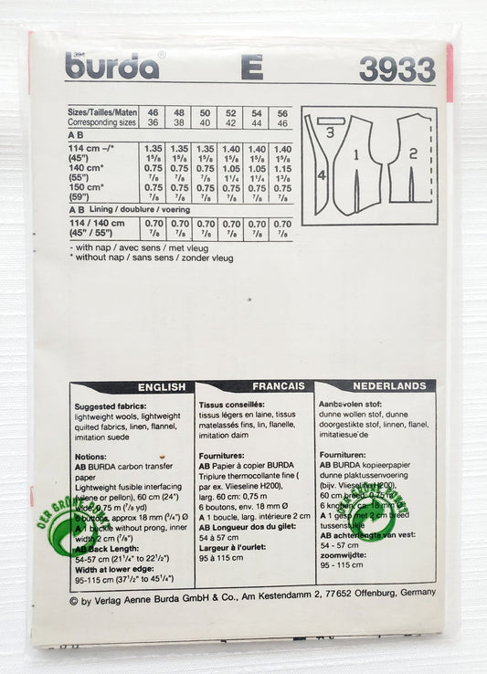 BURDA Sewing Pattern 3933, Vest, Waistcoat, Men's Waistcoat, Men's Vest, Size 36-46