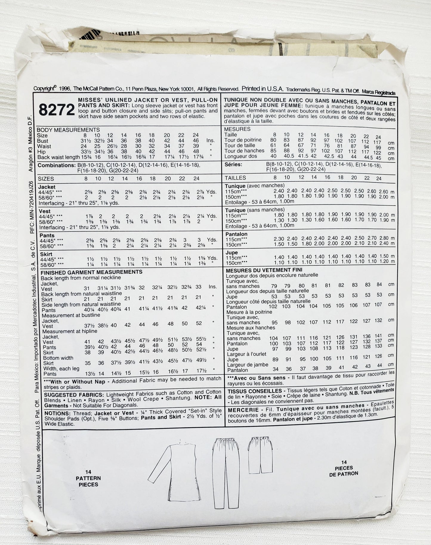 MCCALLS Sewing Pattern 8272, Jacket, Vest, Pants, Pull-on Pants, Skirt, Slits, Size 8-12
