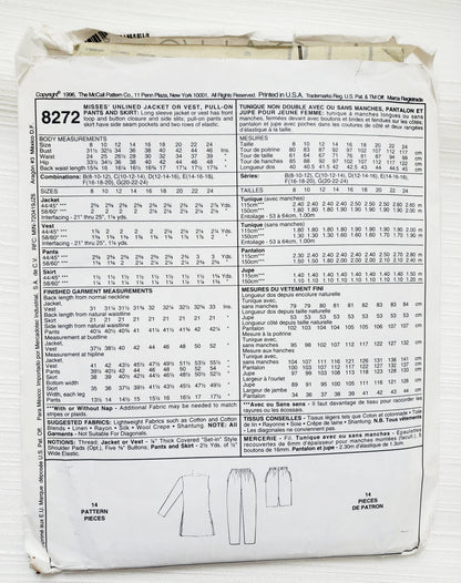 MCCALLS Sewing Pattern 8272, Jacket, Vest, Pants, Pull-on Pants, Skirt, Slits, Size 8-12