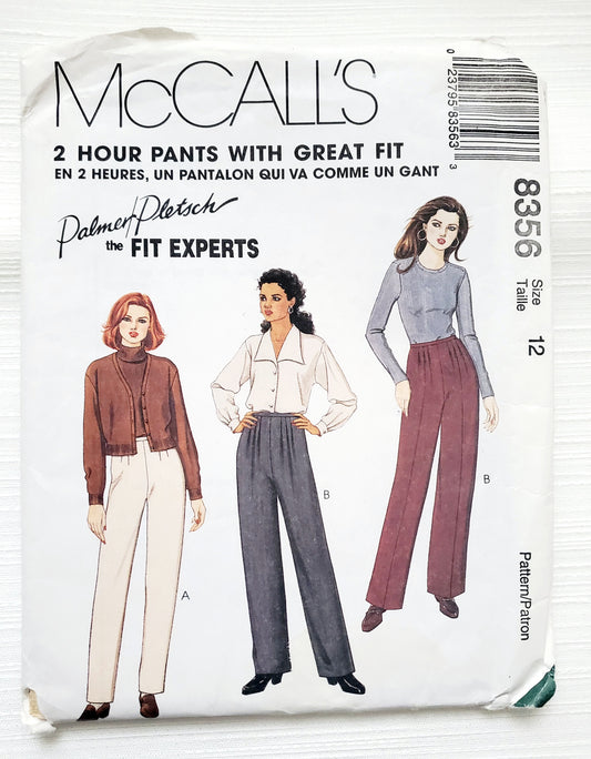 MCCALLS Sewing Pattern 8356, Fit Experts, Pants, Unlined Pants, Lined Pants, Darts, Front Tucks, Size 12