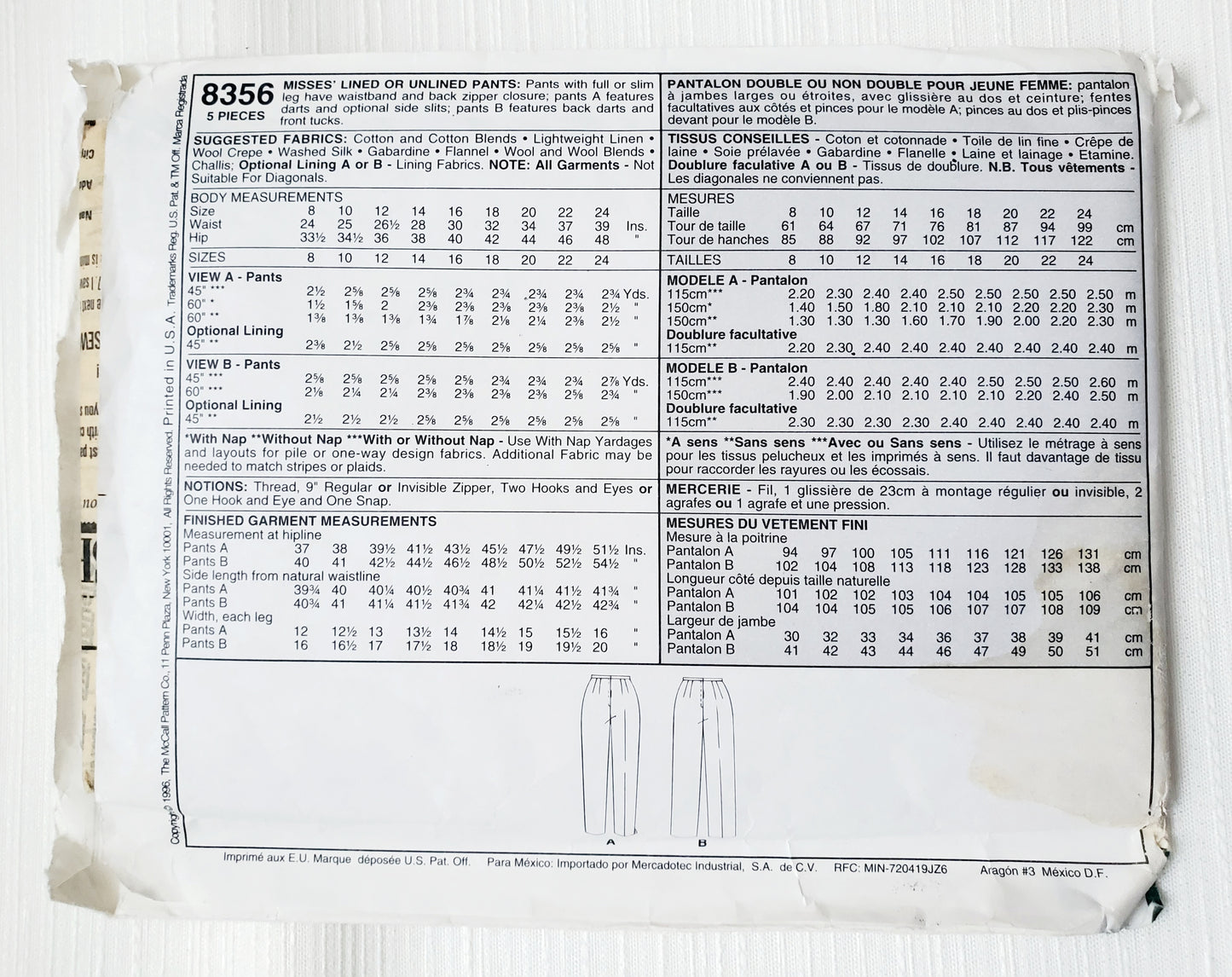 MCCALLS Sewing Pattern 8356, Fit Experts, Pants, Unlined Pants, Lined Pants, Darts, Front Tucks, Size 12