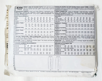 MCCALLS Sewing Pattern 8356, Fit Experts, Pants, Unlined Pants, Lined Pants, Darts, Front Tucks, Size 12
