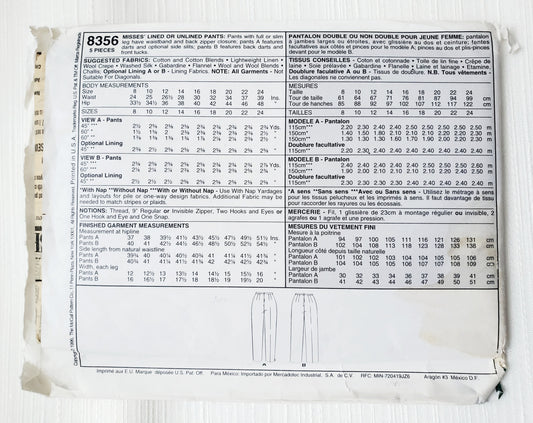 MCCALLS Sewing Pattern 8356, Fit Experts, Pants, Unlined Pants, Lined Pants, Darts, Front Tucks, Size 12
