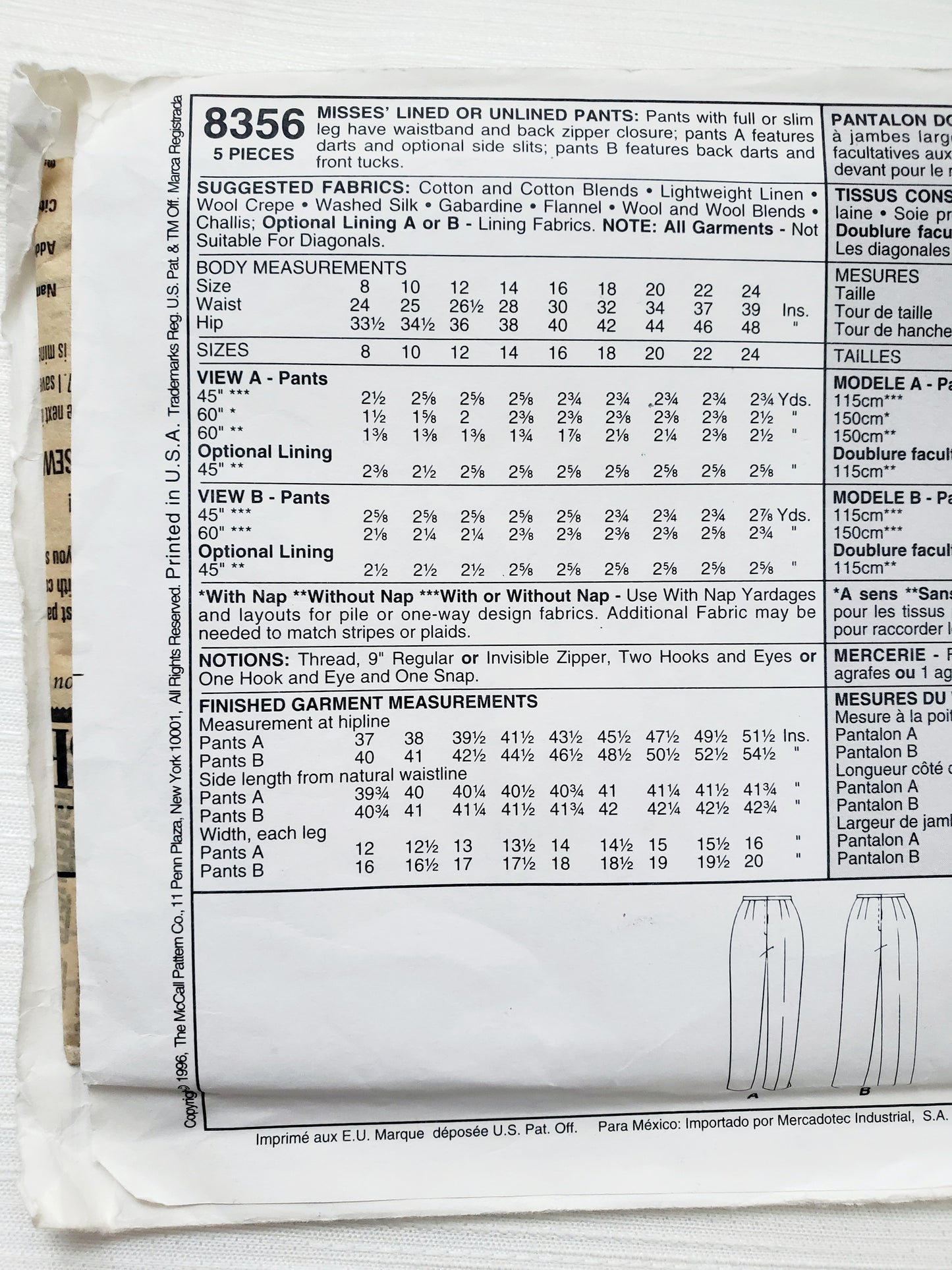 MCCALLS Sewing Pattern 8356, Fit Experts, Pants, Unlined Pants, Lined Pants, Darts, Front Tucks, Size 12