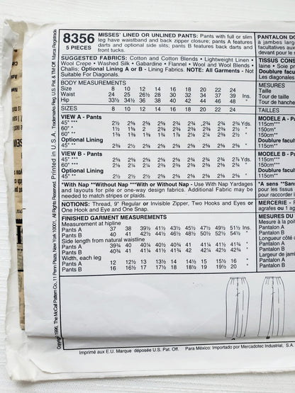 MCCALLS Sewing Pattern 8356, Fit Experts, Pants, Unlined Pants, Lined Pants, Darts, Front Tucks, Size 12