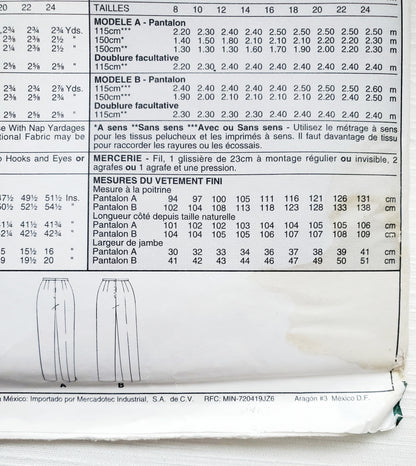 MCCALLS Sewing Pattern 8356, Fit Experts, Pants, Unlined Pants, Lined Pants, Darts, Front Tucks, Size 12