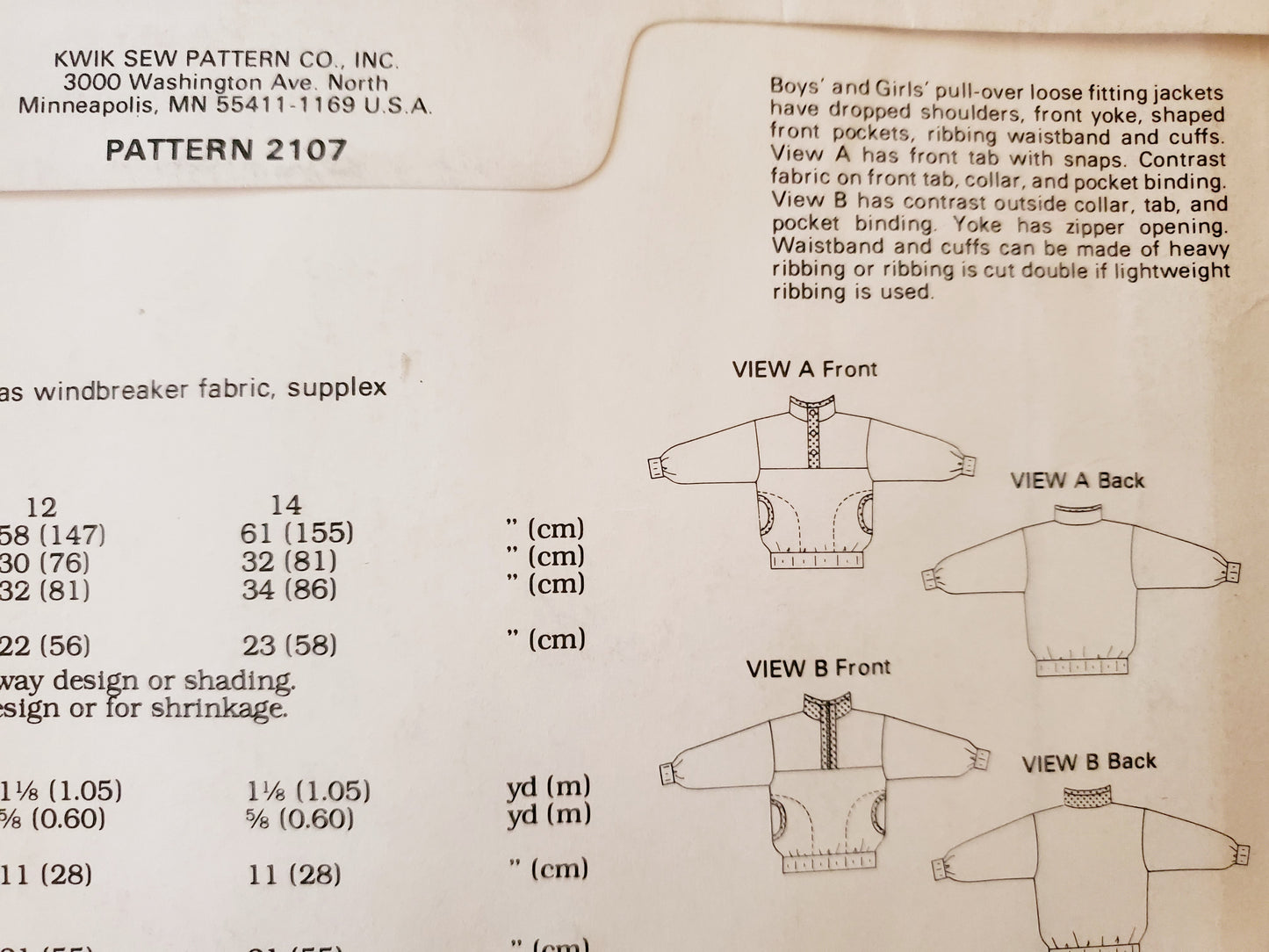 KWIK SEW Sewing Pattern 2107, Kids, Jackets, Loose Fitting, Pockets, Ribbing, Waistband, Size 8-14