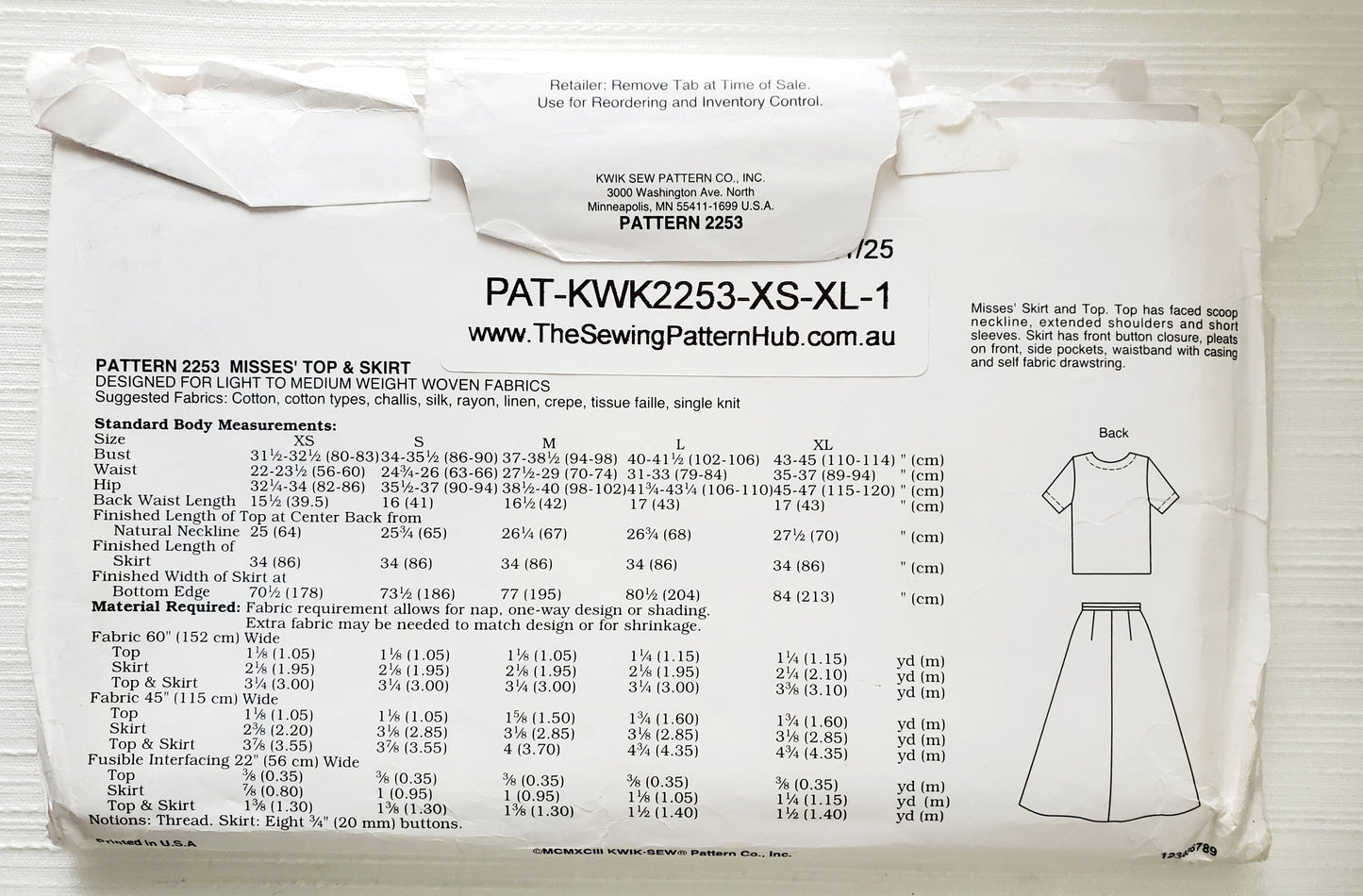 KWIK SEW Sewing Pattern 2253, Skirt, Pleats on Front, Top, Scooped Neckline, Size XS-XL