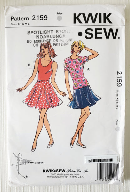 KWIK SEW Sewing Pattern 2159, Tops, Skirts, Pull-on, Six Gores, Flared, Size XS- L