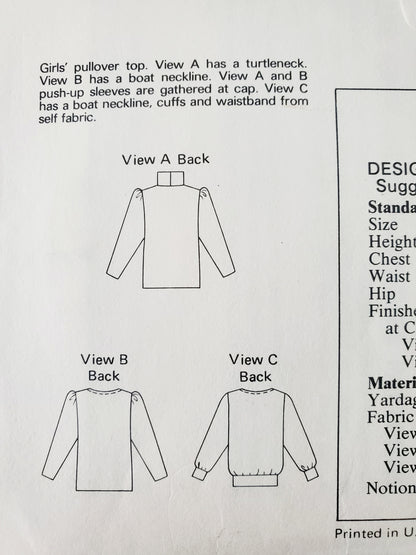 KWIK SEW Sewing Pattern 1275, Kids, Girls, Top, Pullover Top, Boat Neckline, Size 4-7
