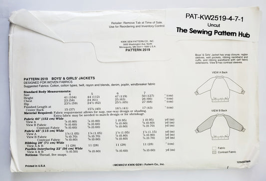 KWIK SEW 90's Sewing Pattern 2519, Kids, Unisex, Jackets, Pants, Snap Closure, Ribbing, Size 4-7